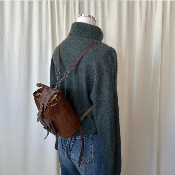 Vintage Brown suede leather backpack with front pocket made in Greece. - Picture 2 of 15